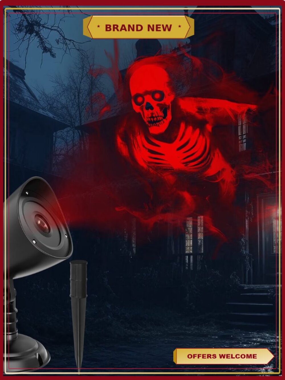 Halloween Projector Light 3D Dynamic Skull Ghost Rotating Indoor Outdoor